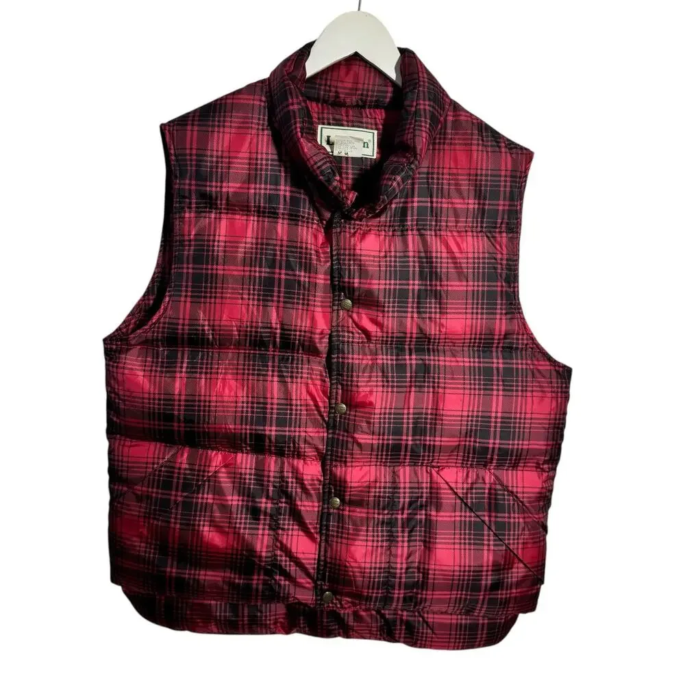 LL Bean Vest Mens‎ M Red Black Buffalo Plaid Snap Goose Down Vintage Insulated